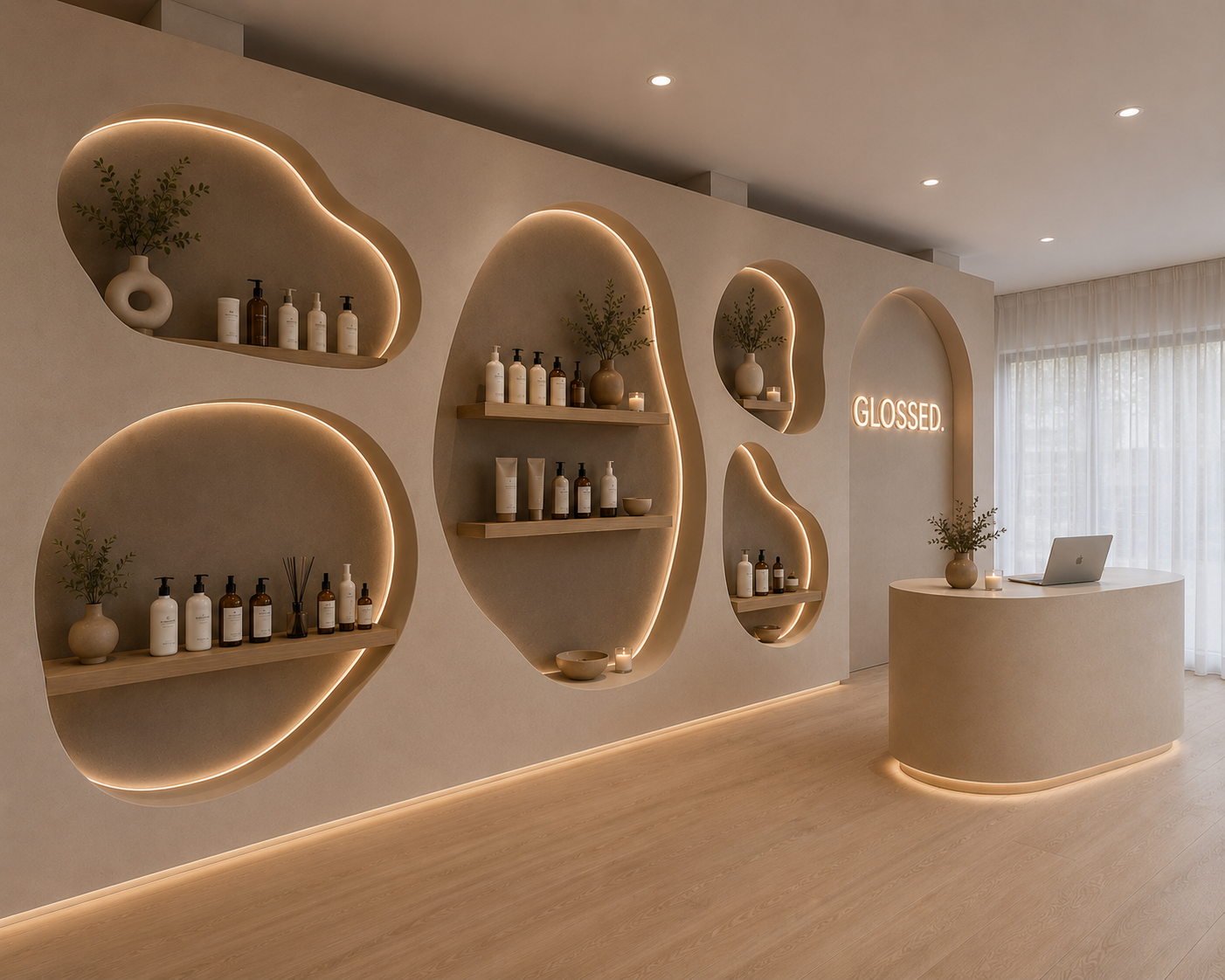 The Glossed reception and backlit display shelving